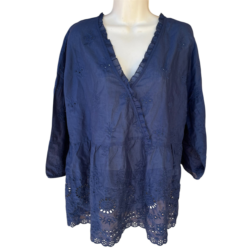 J.Jill Everyday Blouse 3/4 Sleeve Peplum Ruffle V Neck Navy Eyelet Womens M